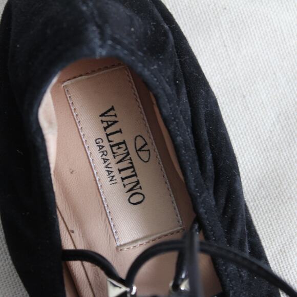 Valentino Black Suede Gold Rockstud Lace Up Ankle-Wrap Pointed Ballet Flat - Picture 6 of 10